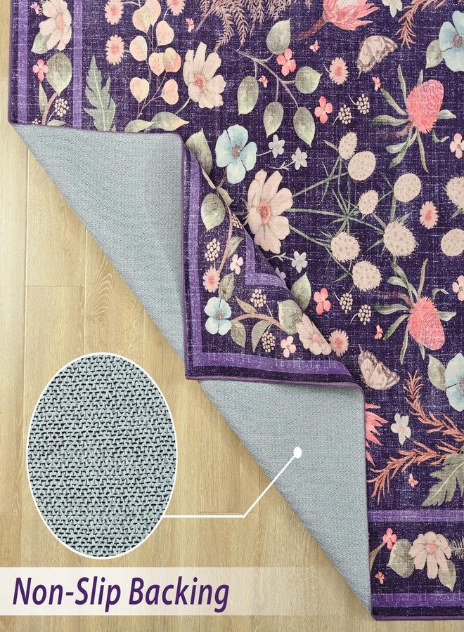 Przemy Area Rugs for Living Room, 4x6 Washable Rug Floral for Kid's Bedroom, Non Slip Rustic Carpet for Office Bedside Entryway Kitchen, Purple - Image 2