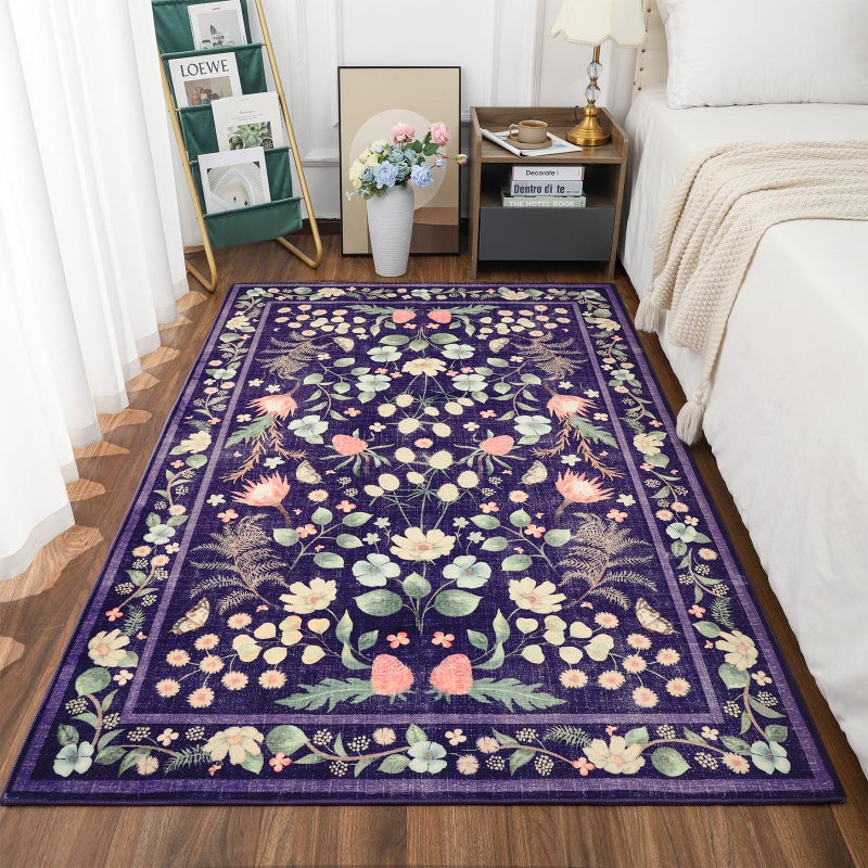 Przemy Area Rugs for Living Room, 4x6 Washable Rug Floral for Kid's Bedroom, Non Slip Rustic Carpet for Office Bedside Entryway Kitchen, Purple - Image 1
