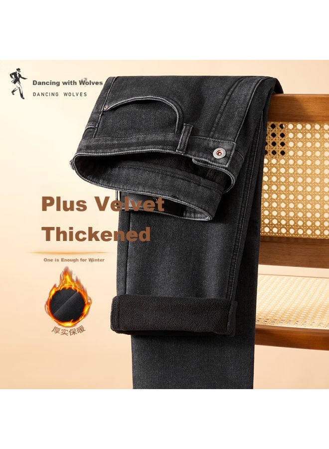 DANCING WOLVES Dancing With Wolves Heavyweight Autumn And Winter Style Commuter Warm Men's Thick Denim Jeans 015 Dark Gray 30 - Image 1