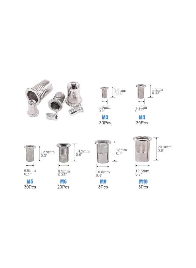 promass 126 Pieces 304 Stainless Steel Flat Thread Rivet Nut Insert Nut Rivet Nut Assortment Kit - M3 M4 M5 M6 M8 M10 - Image 3