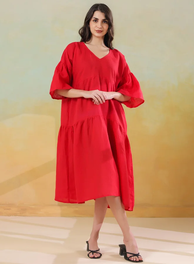 Sanskrutihomes  Sanskrutihomes Women Red Linen Blend V Neck A-Line Midi Dress for Women | Best Price UAE