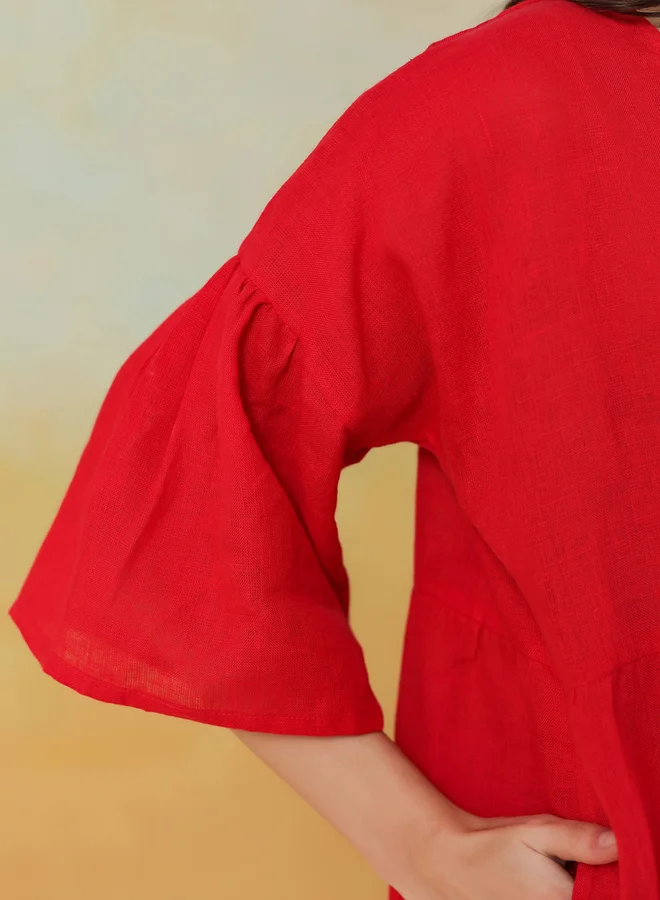 Sanskrutihomes  Sanskrutihomes Women Red Linen Blend V Neck A-Line Midi Dress for Women | Best Price UAE