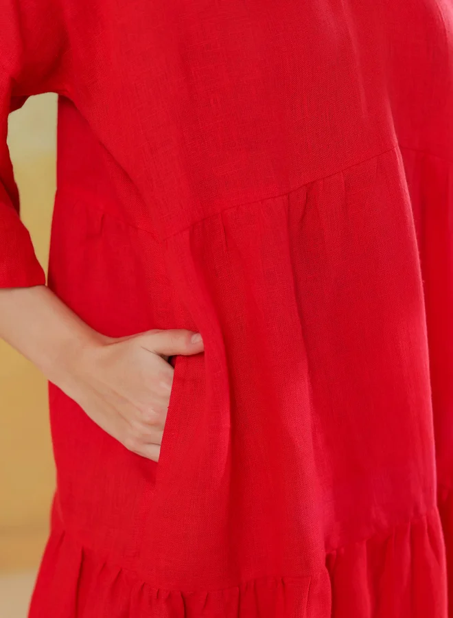 Sanskrutihomes  Sanskrutihomes Women Red Linen Blend V Neck A-Line Midi Dress for Women | Best Price UAE