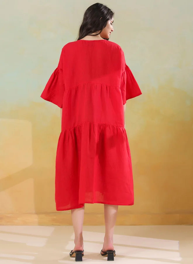 سانسكريتي هومز Sanskrutihomes Women Red Linen Blend V Neck A-Line Midi Dress