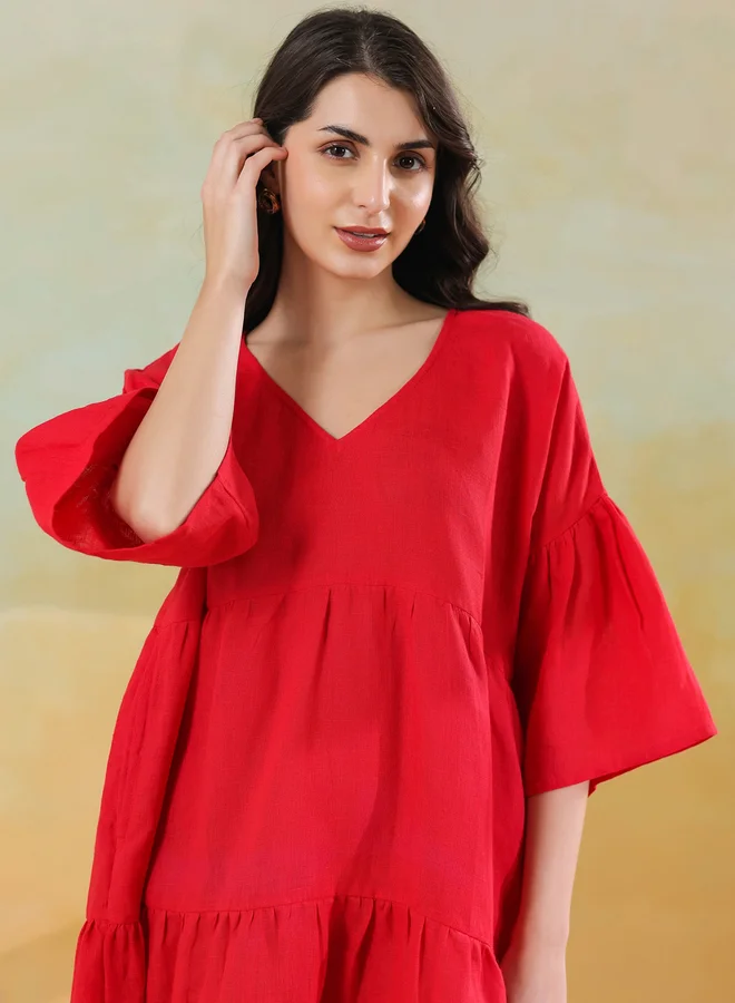 Sanskrutihomes  Sanskrutihomes Women Red Linen Blend V Neck A-Line Midi Dress for Women | Best Price UAE