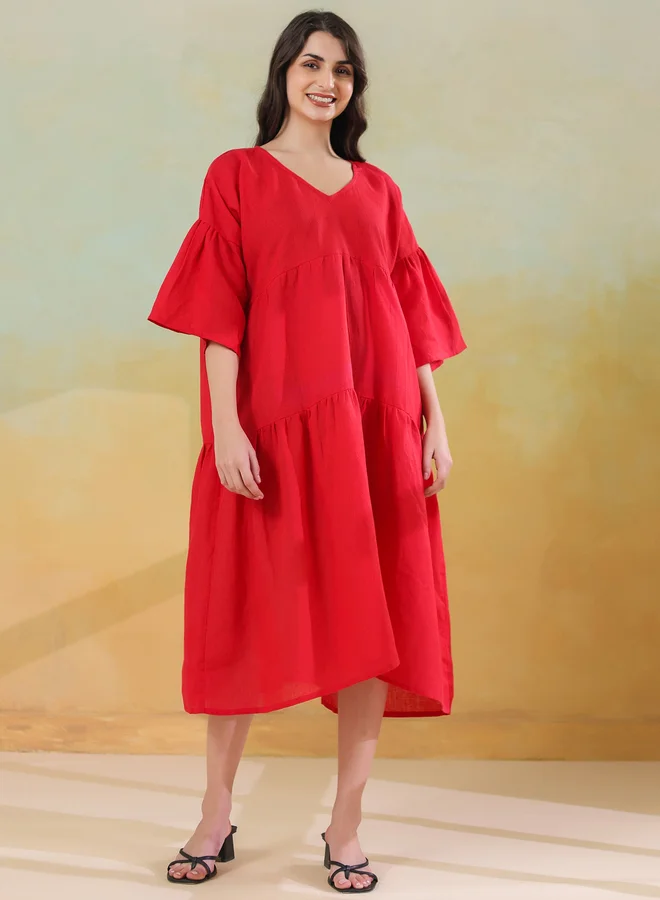 سانسكريتي هومز Sanskrutihomes Women Red Linen Blend V Neck A-Line Midi Dress