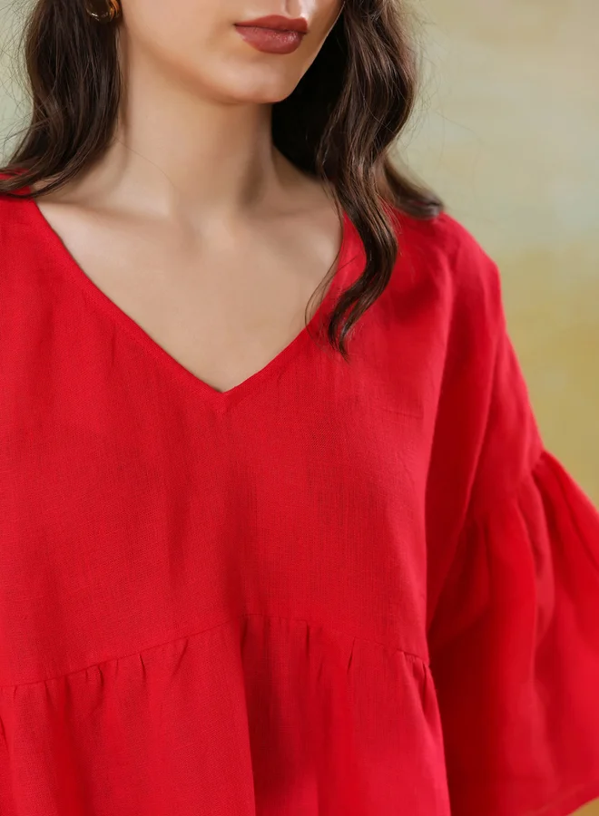 Sanskrutihomes  Sanskrutihomes Women Red Linen Blend V Neck A-Line Midi Dress for Women | Best Price UAE