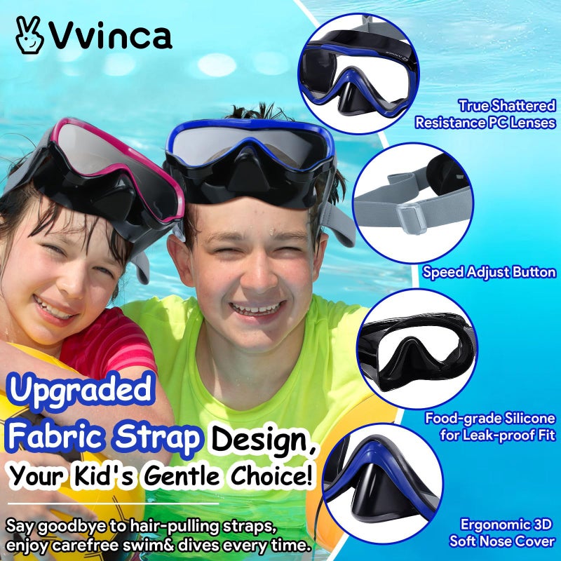 Vvinca Kids-Goggles with Nose Cover, Diving Mask Elastic Fabric Strap Anti Fog Anti Shattered Lens for Kids Swim Goggles 3-14 - Image 2