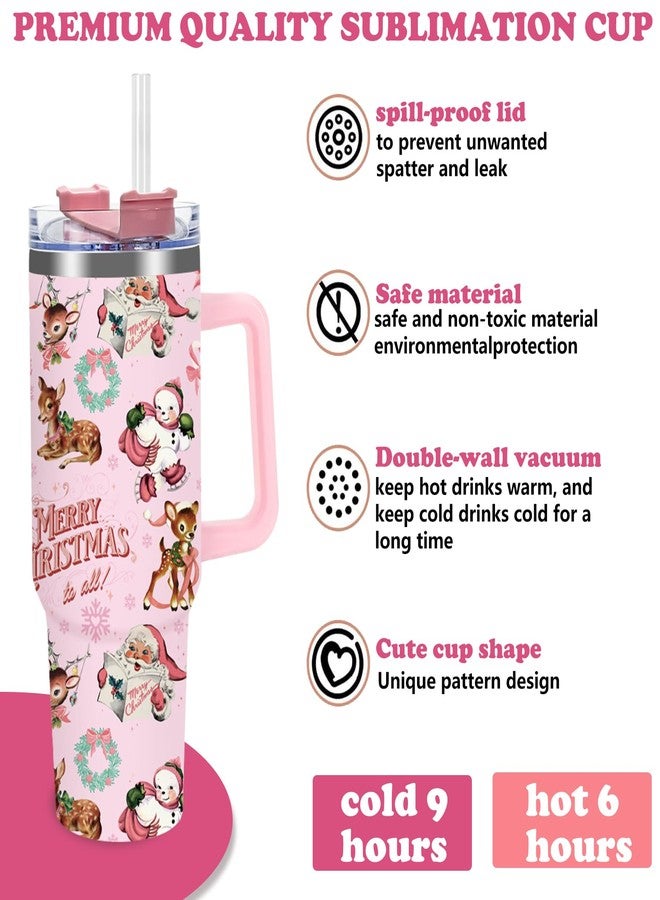 JarThenaAMCS 1 Pcs Christmas Tumbler with Handle Lid Straw 40 Oz Pink Santa Claus Deer Stainless Steel Travel Tumbler Cup for Xmas Iced Coffee Party Favor - Image 4