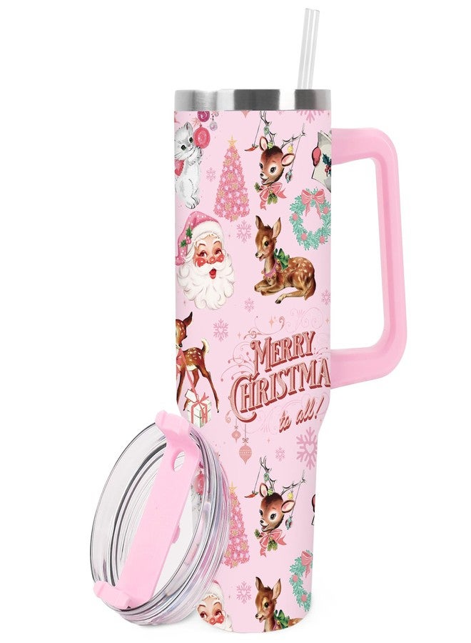 JarThenaAMCS 1 Pcs Christmas Tumbler with Handle Lid Straw 40 Oz Pink Santa Claus Deer Stainless Steel Travel Tumbler Cup for Xmas Iced Coffee Party Favor - Image 1
