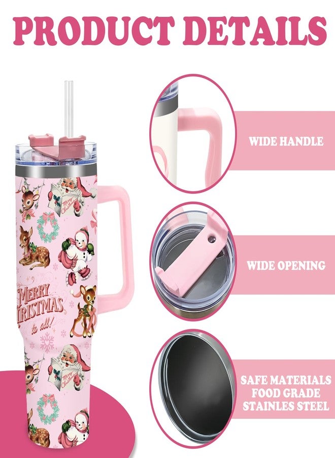 JarThenaAMCS 1 Pcs Christmas Tumbler with Handle Lid Straw 40 Oz Pink Santa Claus Deer Stainless Steel Travel Tumbler Cup for Xmas Iced Coffee Party Favor - Image 3