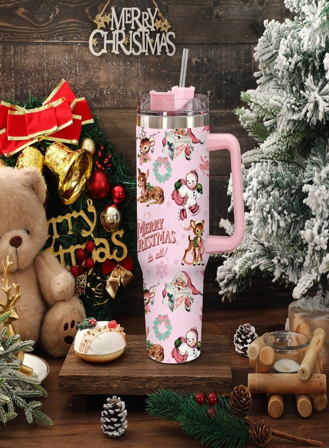 JarThenaAMCS 1 Pcs Christmas Tumbler with Handle Lid Straw 40 Oz Pink Santa Claus Deer Stainless Steel Travel Tumbler Cup for Xmas Iced Coffee Party Favor - Image 5