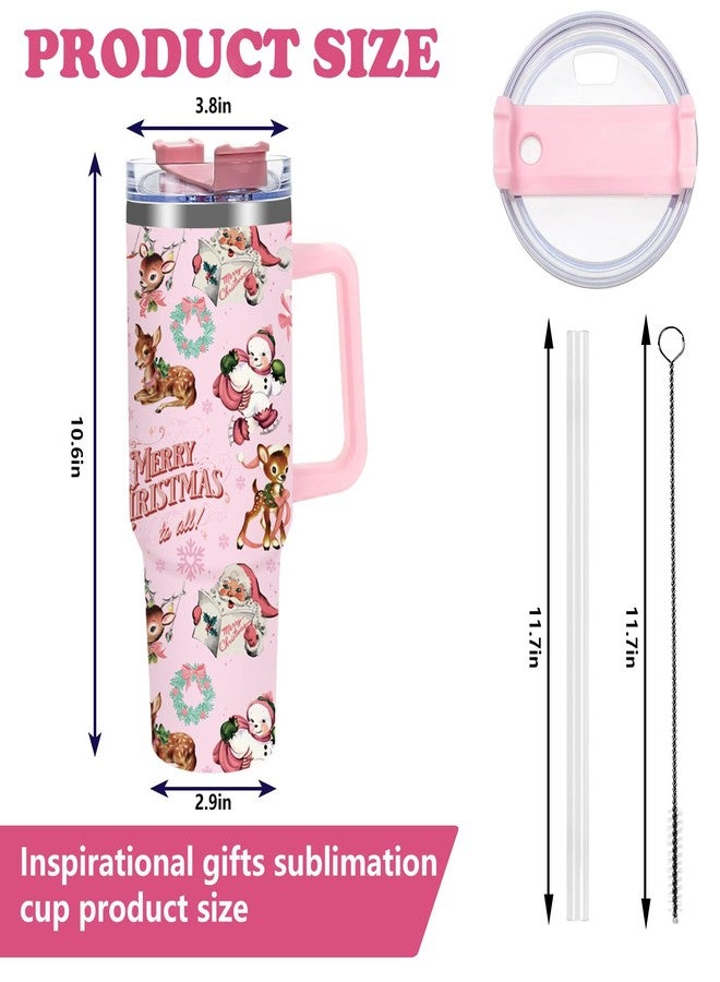 JarThenaAMCS 1 Pcs Christmas Tumbler with Handle Lid Straw 40 Oz Pink Santa Claus Deer Stainless Steel Travel Tumbler Cup for Xmas Iced Coffee Party Favor - Image 2