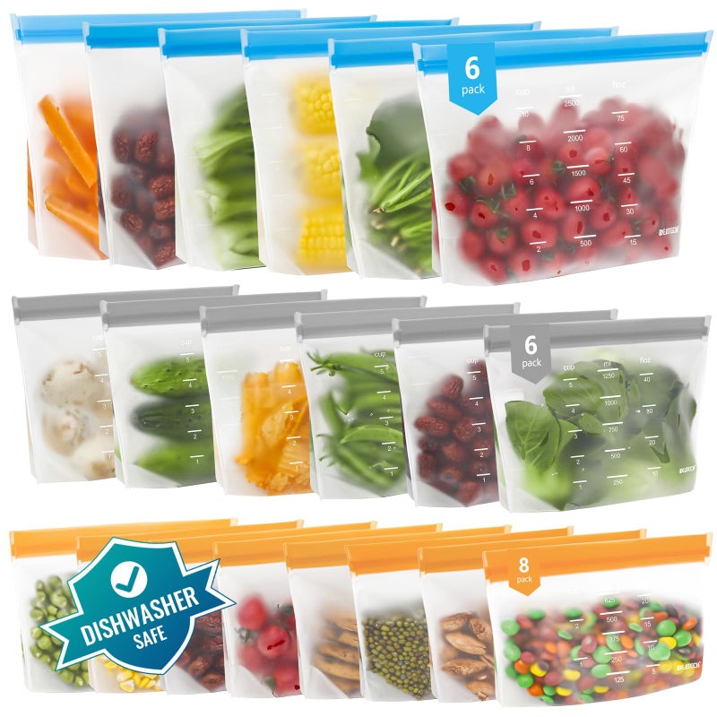 IDEATECH Reusable Sandwich Bags Gallon Freezer Bags Leakproof & Dishwasher Safe - Silicone Bag for Food Ftorage Stand Up for Meal Prep, Travel, Washable (6 Gallon + 6 Sandwich + 8 Snack) - Image 1