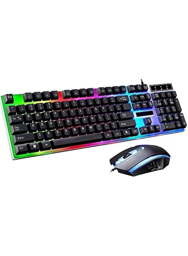 Mechanical Gaming Keyboard and Mouse Set , Rainbow LED, USB Wired Desktop Combo (Black) - Image 1