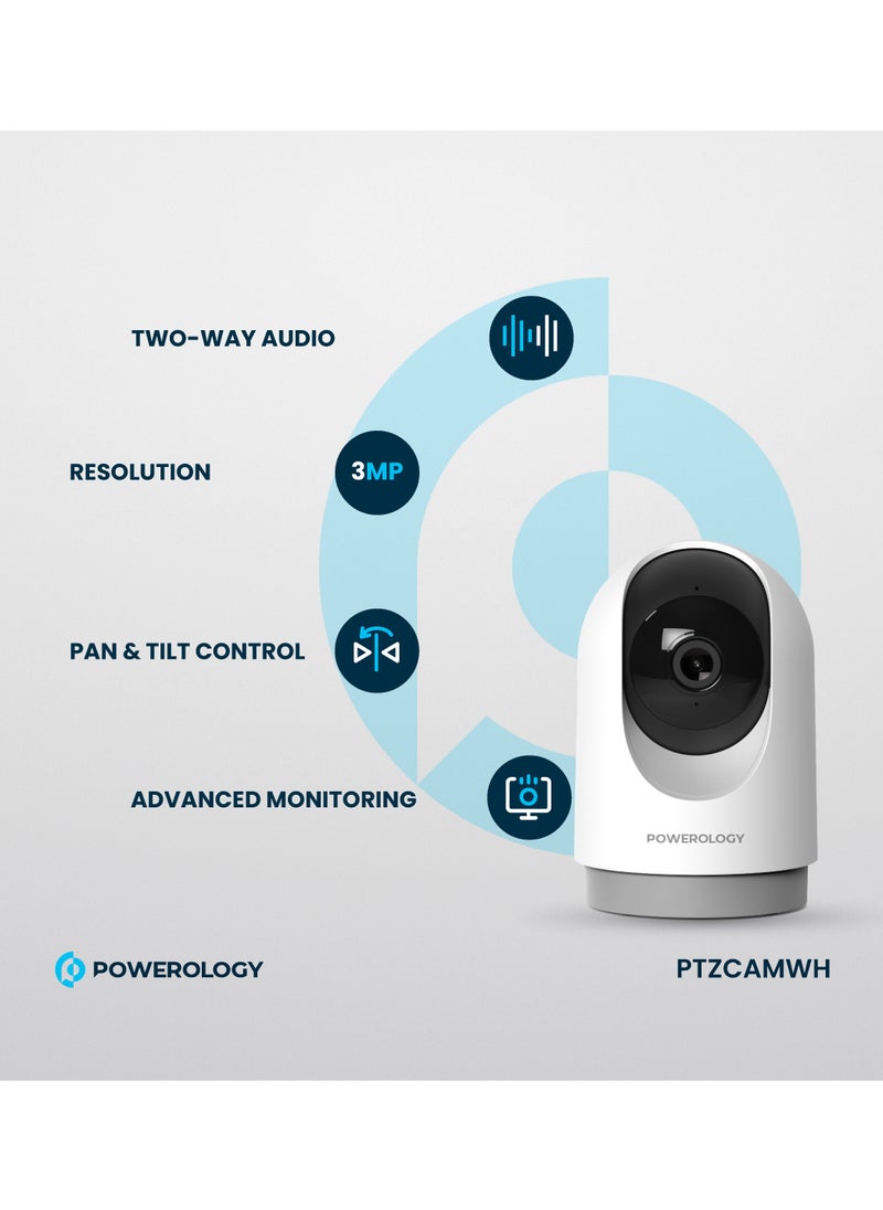 Powerology BT Indoor PTZ Smart Camera/2304x1296pixels Resolution/ 3MP/ Motion Sensor/ Night Vision/ 100° Field of Vision/ Echo Cancellation Audio/ Two Way Audio/ 2.4GHz Wi-fi - White  - Image 3