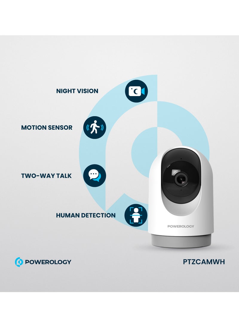 Powerology BT Indoor PTZ Smart Camera/2304x1296pixels Resolution/ 3MP/ Motion Sensor/ Night Vision/ 100° Field of Vision/ Echo Cancellation Audio/ Two Way Audio/ 2.4GHz Wi-fi - White  - Image 4