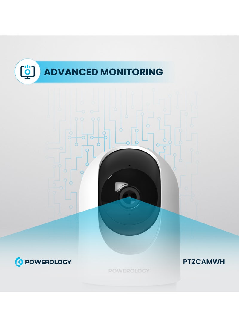 Powerology - BT Indoor PTZ Smart Camera/2304x1296pixels Resolution/ 3MP/ Motion Sensor/ Night Vision/ 100° Field of Vision/ Echo Cancellation Audio/ Two Way Audio/ 2.4GHz Wi-fi - White - Image 1