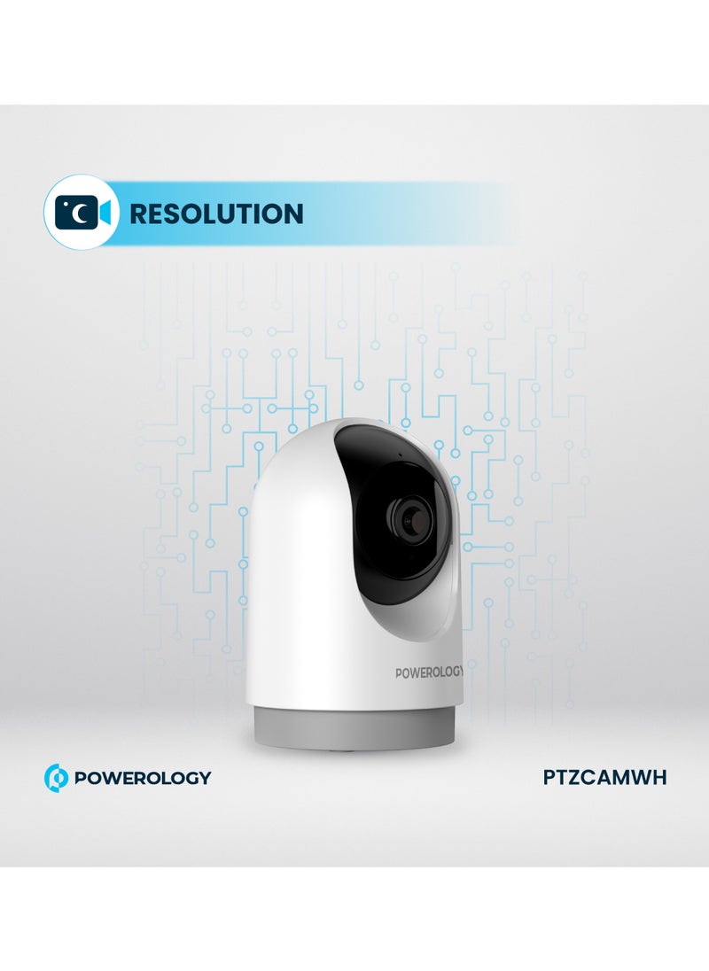 Powerology - BT Indoor PTZ Smart Camera/2304x1296pixels Resolution/ 3MP/ Motion Sensor/ Night Vision/ 100° Field of Vision/ Echo Cancellation Audio/ Two Way Audio/ 2.4GHz Wi-fi - White - Image 1