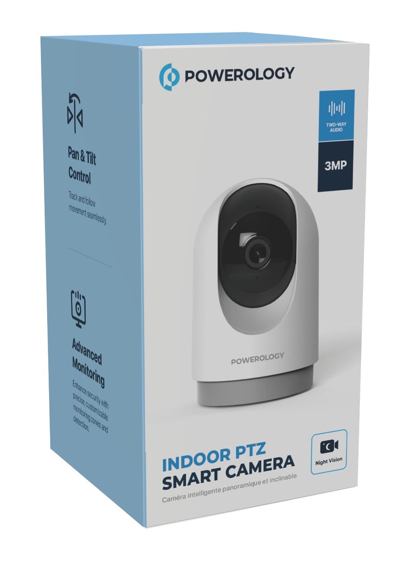 Powerology - BT Indoor PTZ Smart Camera/2304x1296pixels Resolution/ 3MP/ Motion Sensor/ Night Vision/ 100° Field of Vision/ Echo Cancellation Audio/ Two Way Audio/ 2.4GHz Wi-fi - White - Image 1