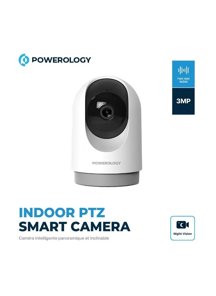 Powerology BT Indoor PTZ Smart Camera/2304x1296pixels Resolution/ 3MP/ Motion Sensor/ Night Vision/ 100° Field of Vision/ Echo Cancellation Audio/ Two Way Audio/ 2.4GHz Wi-fi - White  - Image 1