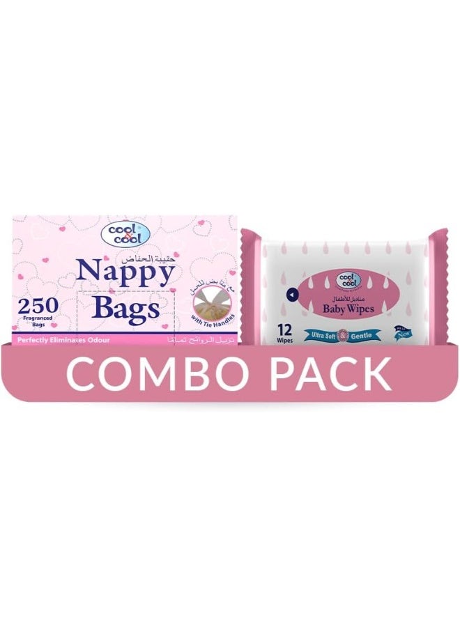 Cool & Cool Nappy Bags 250's- Mildly Scented Diaper Disposable Bags + Baby Wipes 12's - Alcohol Free, Fragrance-Free, Ultra Soft - Combo Pack - Image 1
