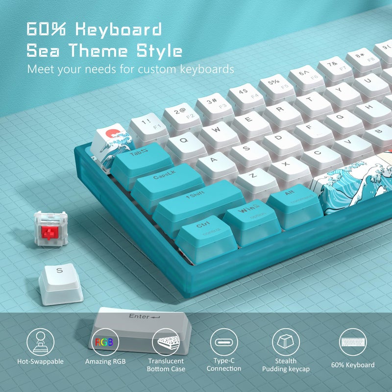 Womier لوحة مفاتيح وومير 60%، لوحة مفاتيح ميكانيكية RGB سلكية WK61 للألعاب، لوحة مفاتيح قابلة للتبديل مع مفاتيح PBT زرقاء للاعبين على أجهزة الكمبيوتر بنظام ويندوز - مفتاح أحمر خطي - Image 2
