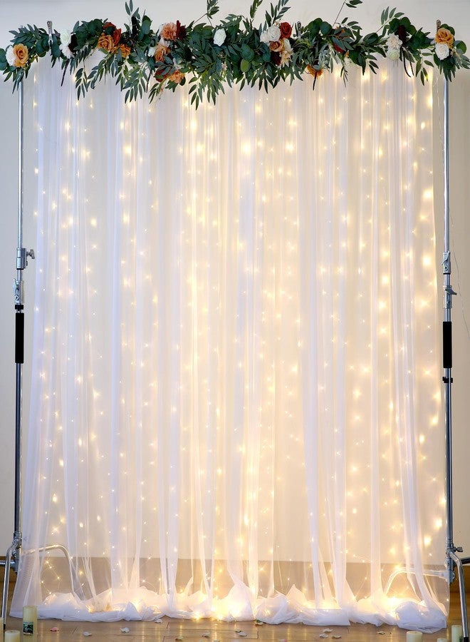 Suppromo White Tulle Backdrop with Lights String for Parties - 108ft Sheer Curtains for Wedding, Baby Shower, Birthday Party & Photo Shoot Decorations (2 Panels) - Image 1