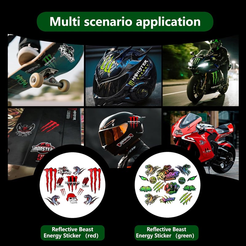 POKITA X 2 PCS Reflective Monster Energy Sticker Combo Pack (Red & Green) - High-Visibility Waterproof Motorcycle Helmet Decals for Bike, Skateboard, Scratch Resistant DIY Bike & Quad Stickers - Image 4