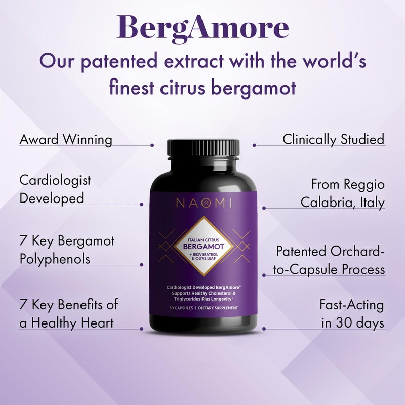 NAOMI BergAmore Plus Resveratrol, Award-Winning Cardiologist Developed, Supports Normal Cholesterol & Healthy Cellular Function, Bergamot w/ 7 Key Polyphenols, Resveratrol & Olive Leaf, 30-Day Supply - Image 4