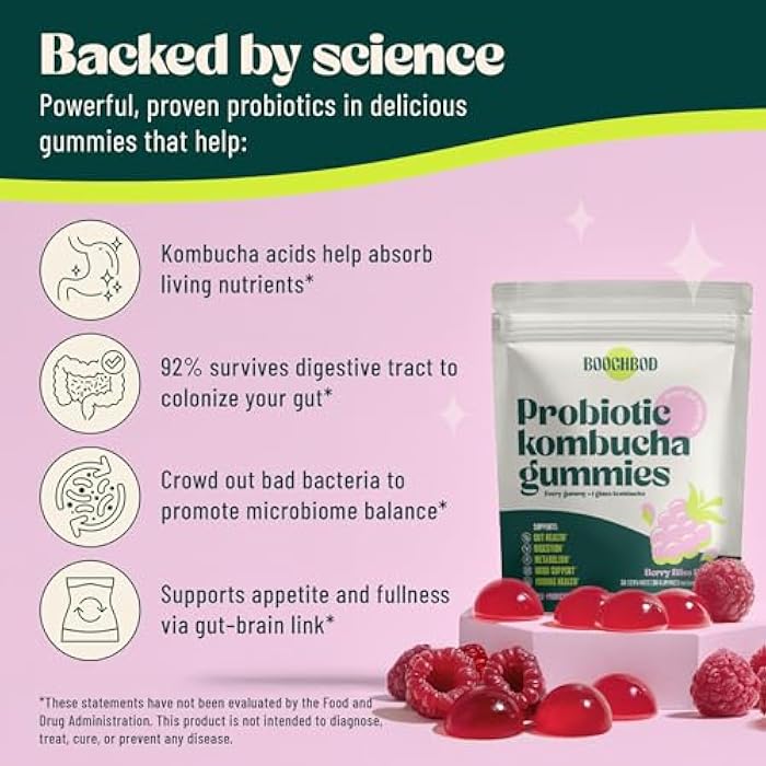 BoochBod - Probiotic Kombucha Gummy - Prebiotics, Probiotics, Postbiotics, Fiber Supplement, Slippery Elm, Dandelion Root, MCT Oil, for Bloating, Gut Health - Probiotics for Women and Men - Image 2