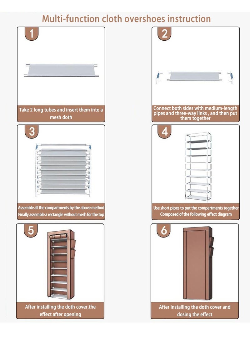Arabest - 10 Tiers Shoe Rack Cabinet, Shoe Storage Boxes with Non Woven Fabric Cover, Shoe Shelf for Entryway, Brown 160x60x30 Cm 20 Pairs of Shoes - Image 1