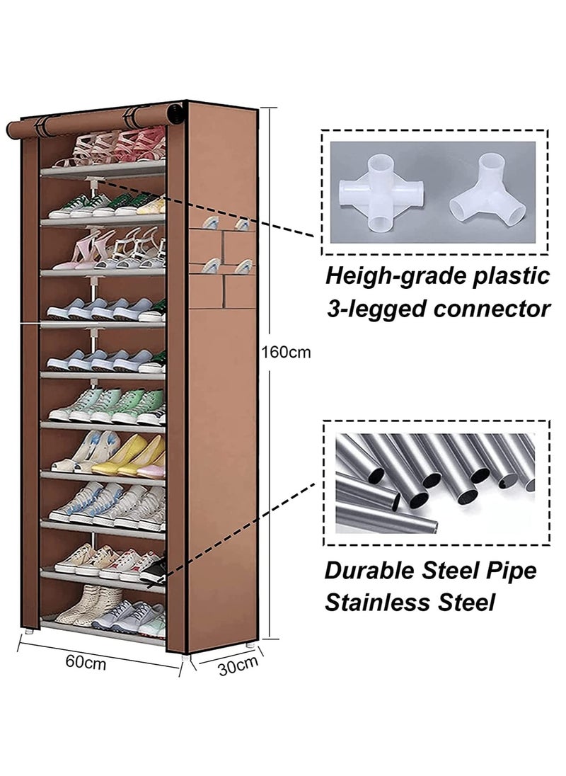 Arabest 10 Tiers Shoe Rack Cabinet, Shoe Storage Boxes with Non Woven Fabric Cover, Shoe Shelf for Entryway, Brown 160x60x30 Cm 20 Pairs of Shoes  - Image 3