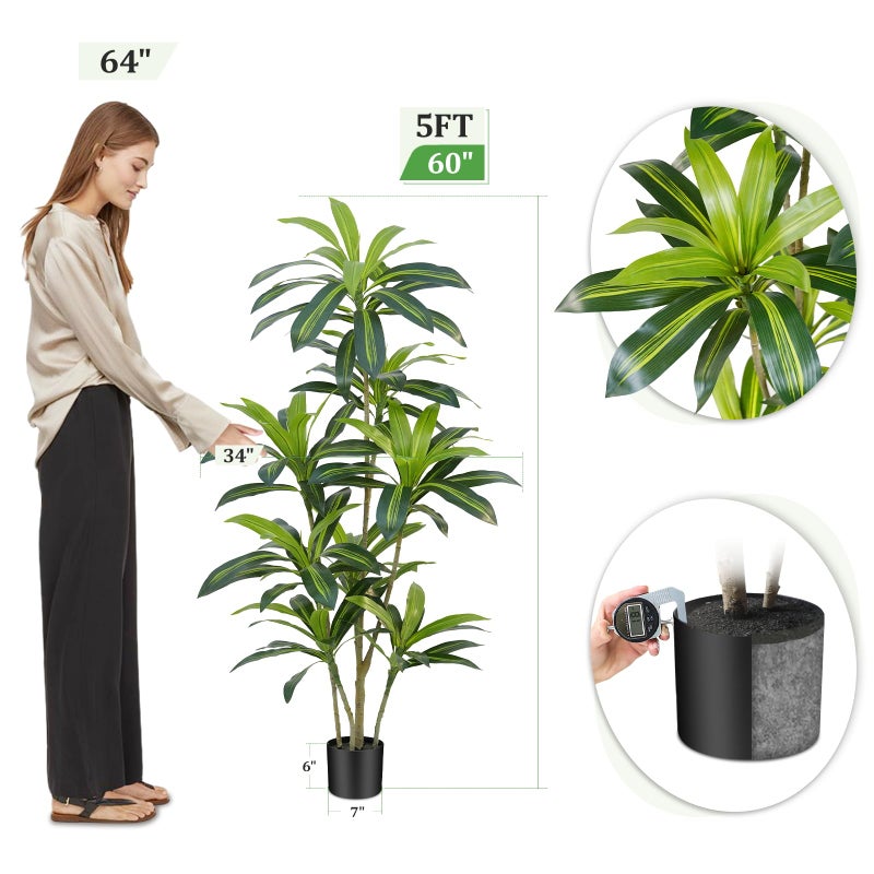 ZEEOZE Dracaena Plant Artificial Tree 5Ft Tall Fake Tropical Floor Plants Potted (Real Touch) Artificial Silk Tree Leaf Faux Trees Black Tall Planter for Home Office Living Room Indoor Outdoor Decor - Image 5