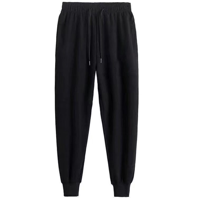 Solid Color Simple Sports Pants Mens Loose Leg Leg Casual Winter fleece-lined Grey Student Tether Loose Waist Trousers black thin section - Image 1