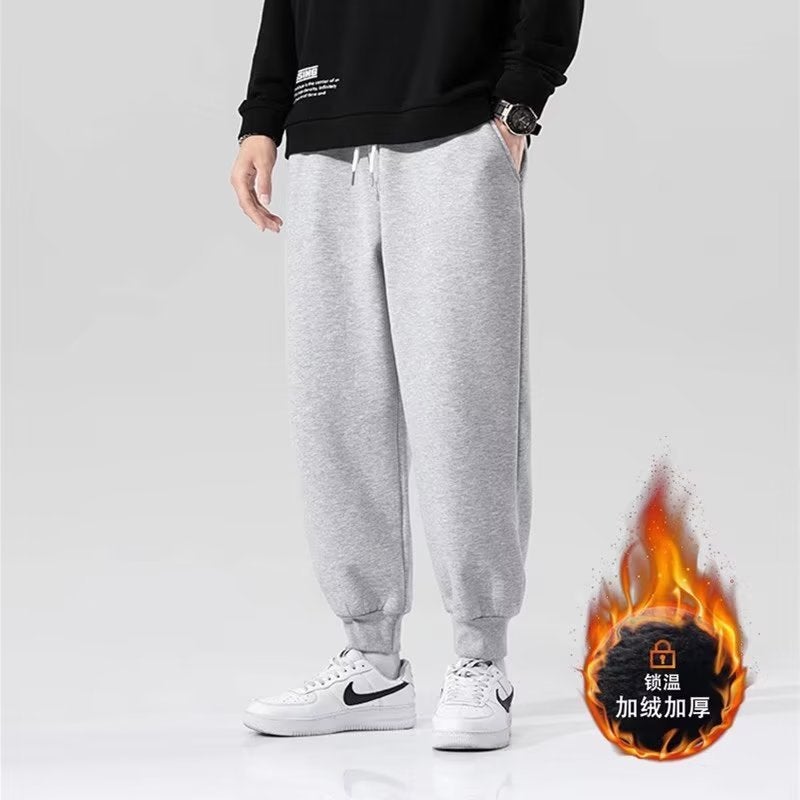 Solid Color Simple Sports Pants Mens Loose Leg Leg Casual Winter fleece-lined Grey Student Tether Loose Waist Trousers black thin section - Image 3