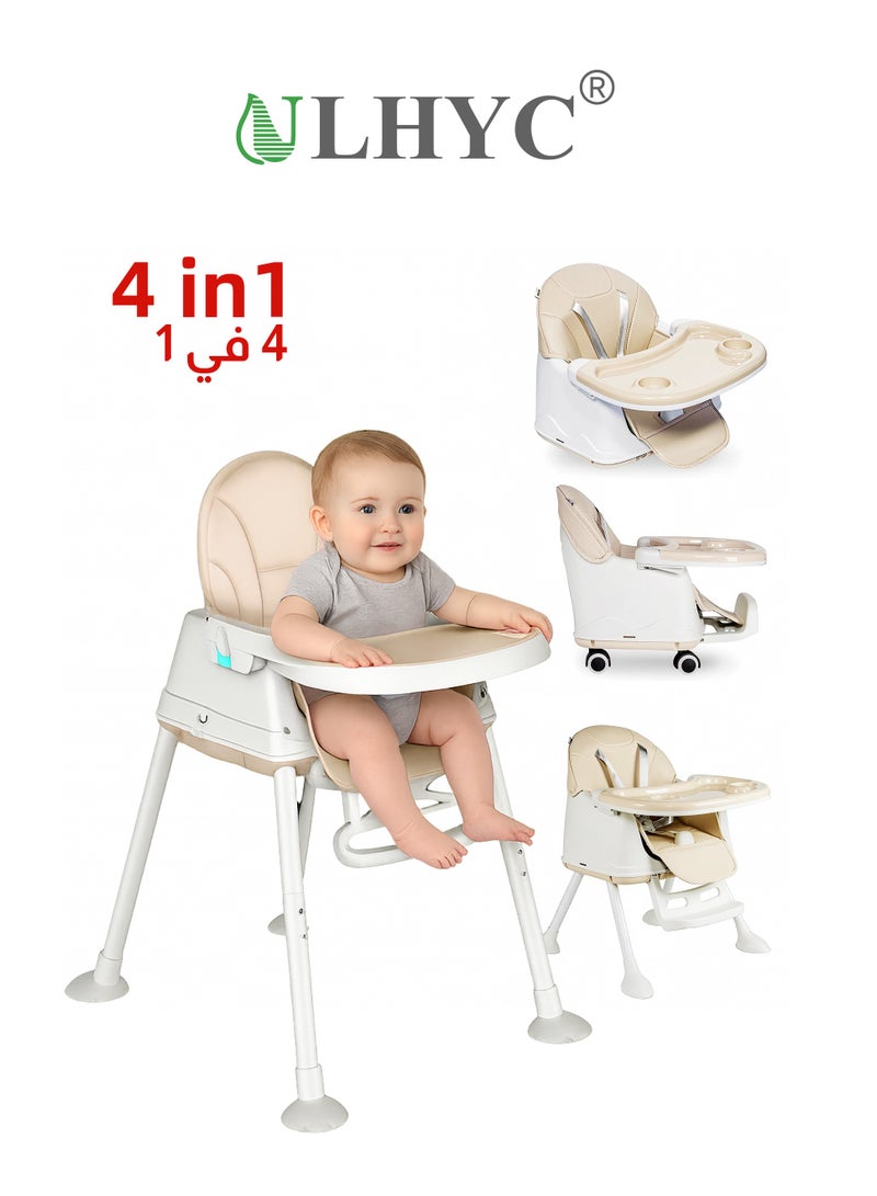 يو إل اتش واي سي كرسي طعام مرتفع للأطفال 4 في 1 - مقعد معزز لطاولة الطعام، كرسي طعام مرتفع قابل للتحويل مع عجلات، مقعد طعام وكرسي للأطفال الصغار - للأعمار من 6 أشهر - Image 1
