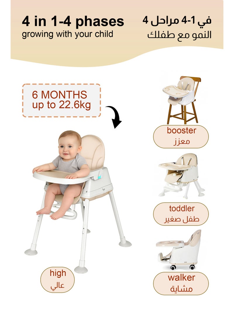 يو إل اتش واي سي كرسي طعام مرتفع للأطفال 4 في 1 - مقعد معزز لطاولة الطعام، كرسي طعام مرتفع قابل للتحويل مع عجلات، مقعد طعام وكرسي للأطفال الصغار - للأعمار من 6 أشهر - Image 3