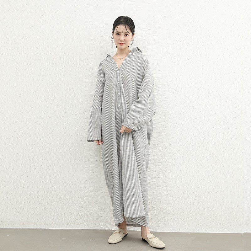 Early spring Japanese style loose long-sleeved striped cotton and linen lapel shirt dress spring and autumn Korean style over-the-knee ultra-long dress Gray and white stripes