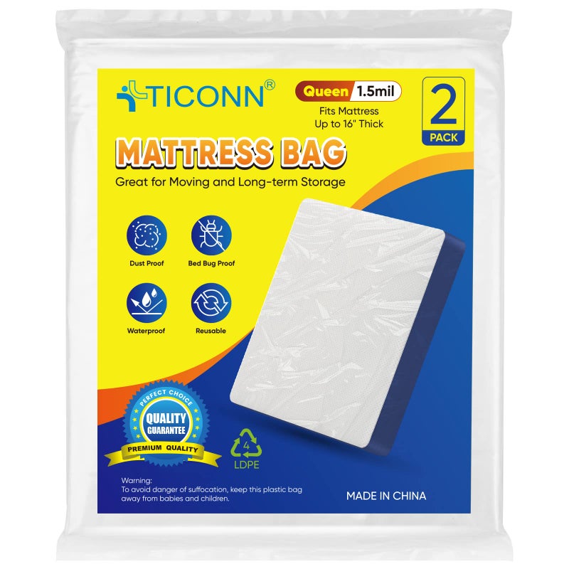 TICONN TICONN 2PK Plastic Mattress Bag for Moving Storage, Waterproof Mattress Protector Cover, Heavy-Duty Mattress Moving Supplies (1.5 mil, Queen)  - Image 1