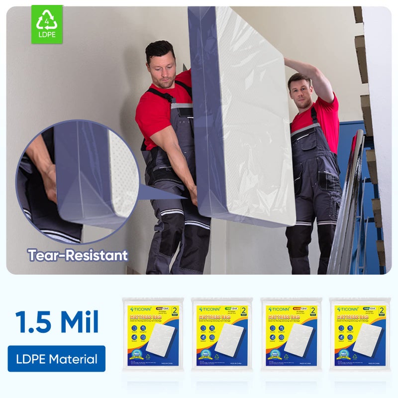 TICONN TICONN 2PK Plastic Mattress Bag for Moving Storage, Waterproof Mattress Protector Cover, Heavy-Duty Mattress Moving Supplies (1.5 mil, Queen)  - Image 5