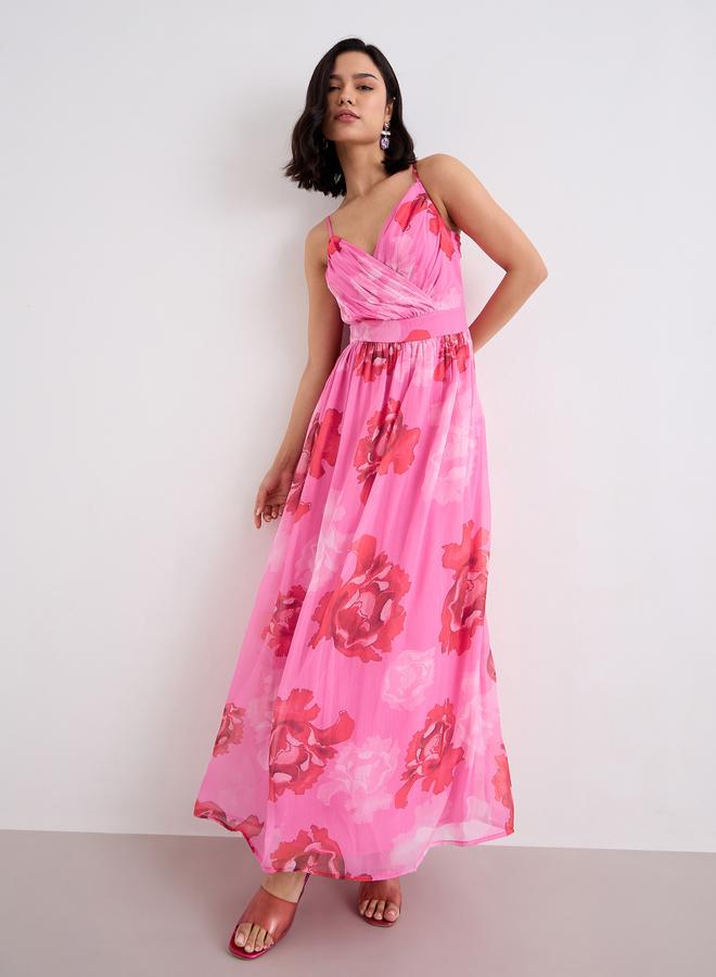 Styli Pink Floral Print Strappy Maxi Dress - Image 1