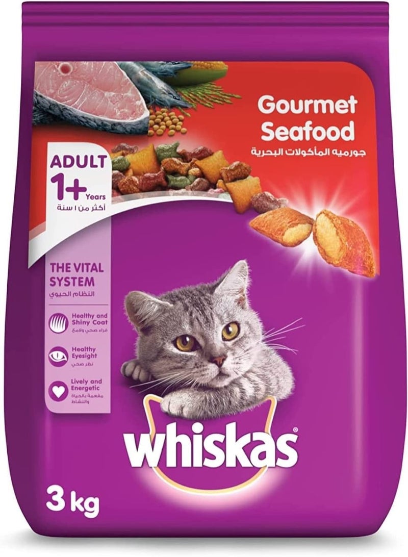 ويسكاس طعام ويسكاس جورميه المأكولات البحرية الجاف للقطط البالغة من عمر 1+ سنة تم صياغته للمساعدة في الحفاظ على صحة الجهاز الهضمي. حافظ على وزن صحي وتغذية متوازنة كاملة لحقيبة مواء بحجم 3 كجم.