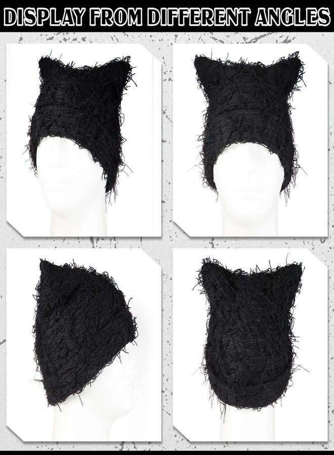 Chuarry Distressed Knitted Cat Beanie Y2k for Women Men Vintage Crochet Hat Thick Slouchy Warm Cat Ears Hat Winter Outdoor (Black,Cat Ears) - Image 4