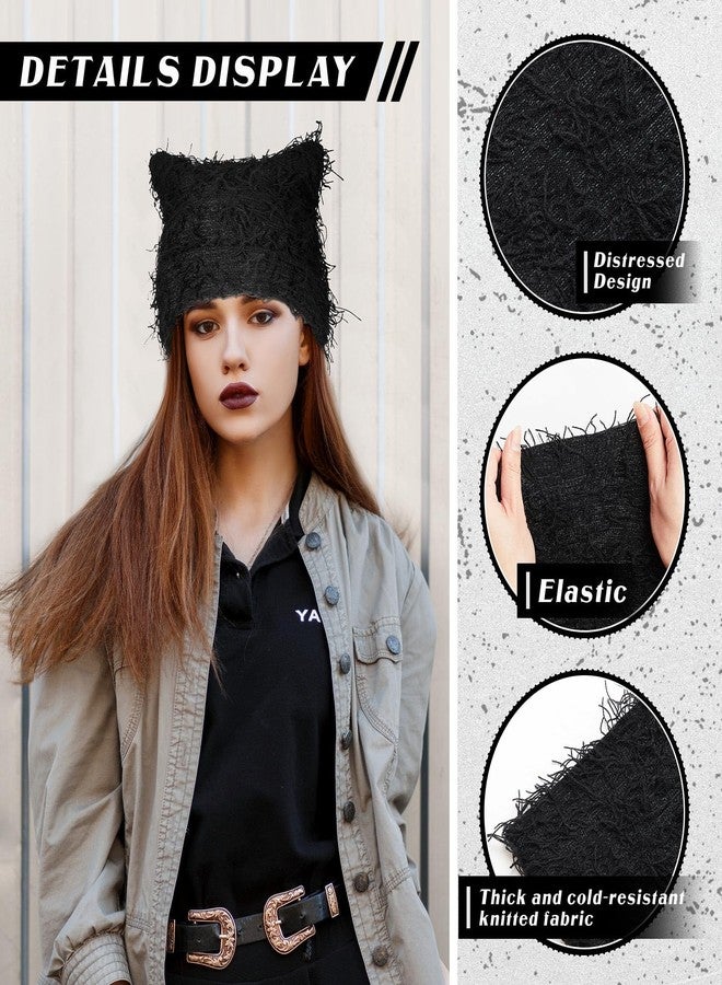 Chuarry Distressed Knitted Cat Beanie Y2k for Women Men Vintage Crochet Hat Thick Slouchy Warm Cat Ears Hat Winter Outdoor (Black,Cat Ears) - Image 3