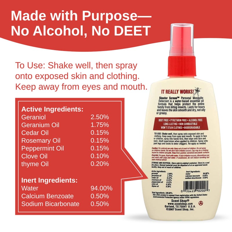 Skeeter Screen 90200 Mosquito Deterrent Spray â€“ DEET-Free Essential Oil Blend â€“ 4 Fl Oz Pump â€“ Safe for Skin & Clothes â€“ Non-Staining, Alcohol-Free â€“ Cedar, Peppermint, Rosemary, Thyme - Image 3