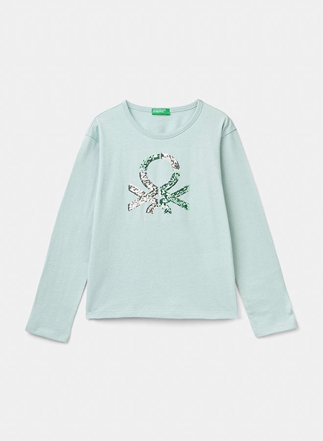 بينيتون تي شيرت بنات من القطن العضوي الدافئ مع الترتر - Image 1