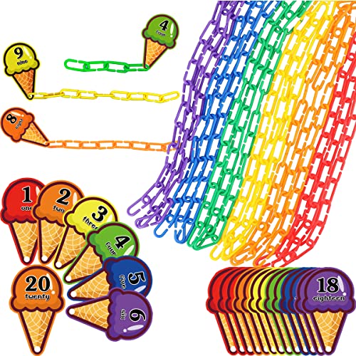 RAINBOW TOYFROG Chain Link Math Manipulatives 240 C Clips Plastic Chain Links 20 Ice Cream Cards for Counting Linked Math Game Learning Resources for Kindergarten Sensory Bin Math Links Counting Toy - Image 1