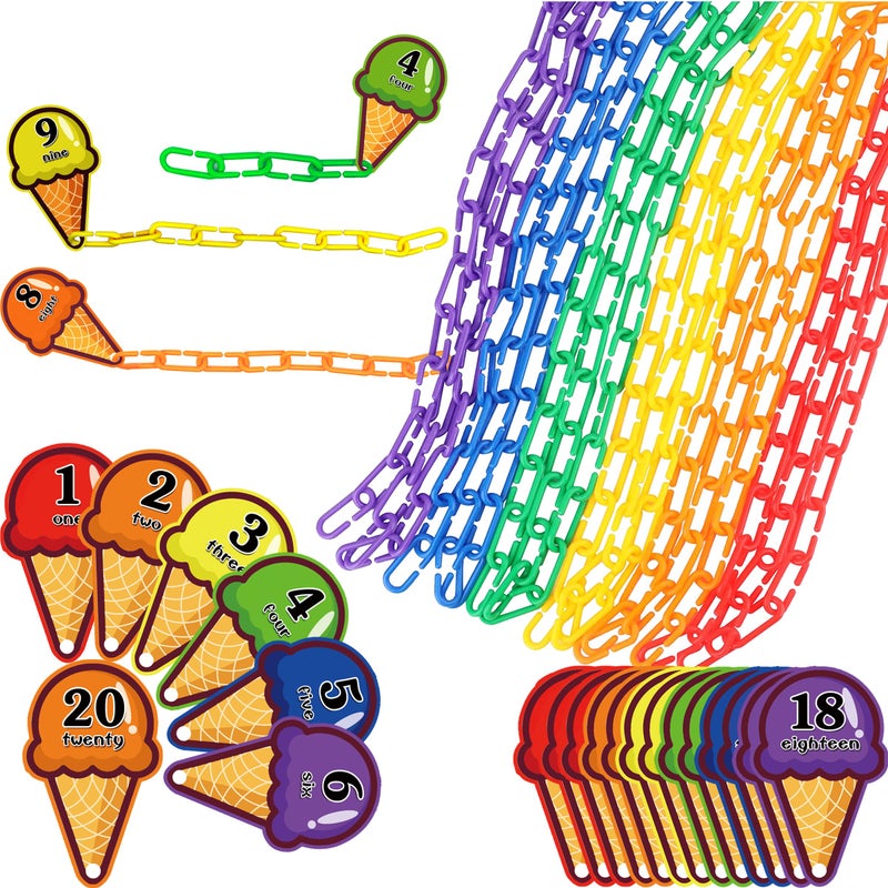 RAINBOW TOYFROG Chain Link Math Manipulatives 240 C Clips Plastic Chain Links 20 Ice Cream Cards for Counting Linked Math Game Learning Resources for Kindergarten Sensory Bin Math Links Counting Toy - Image 3
