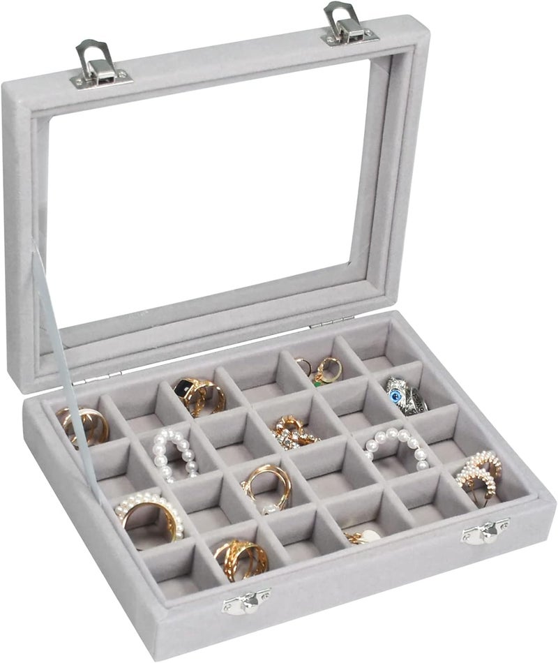 Vicoter Velvet Jewelry Box 24 Grid Jewelry Ring Display Organiser Box Tray Holder Earrings Storage Case for Girls Wife Mom Women (Gray) - Image 1